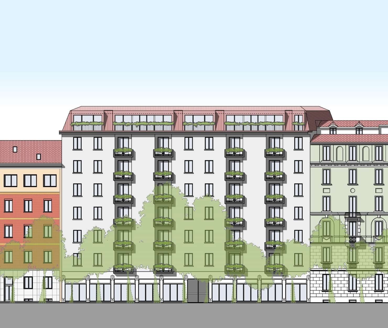 Prospetto dell'edificio su Largo Vincenzo Gemito con il nuovo ultimo piano