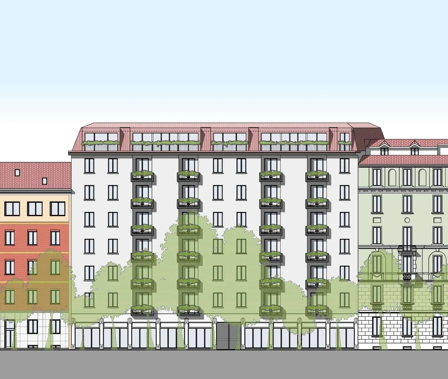 Prospetto dell'edificio su Largo Vincenzo Gemito con il nuovo ultimo piano