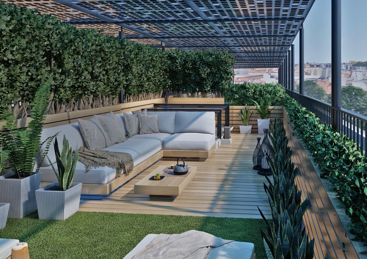 Terrazzo in copertura con divano, prato e pergola